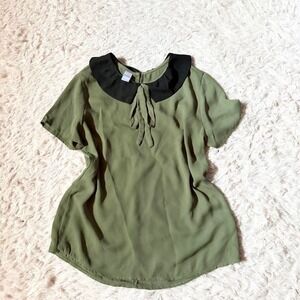 Vintage 90s Flowy Military Peter Pan Collar Preppy Minimalist Edgy Top Womens L